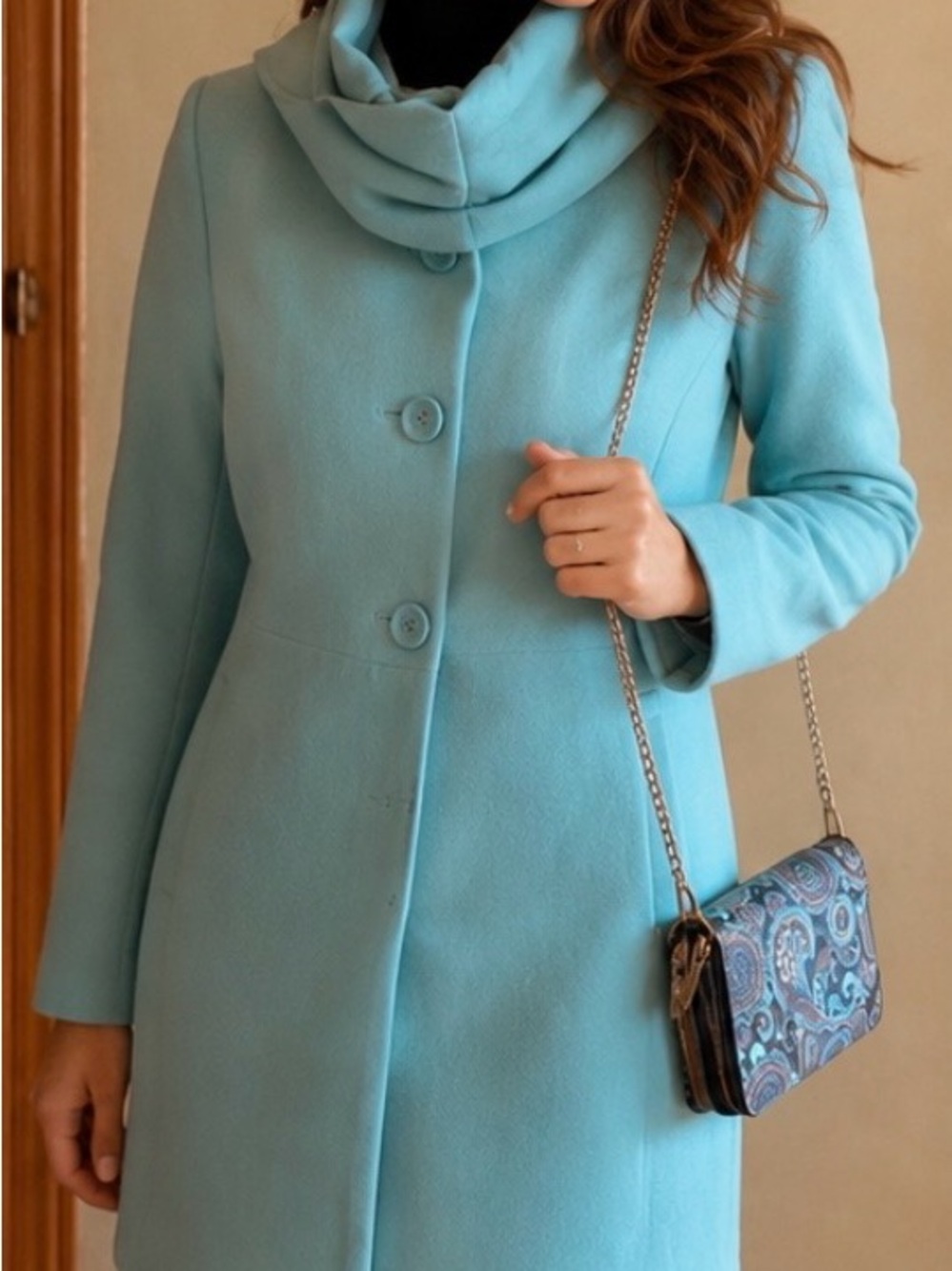 Jessica Light Aqua Stand Up Collar Jacket with Scarf Size 6